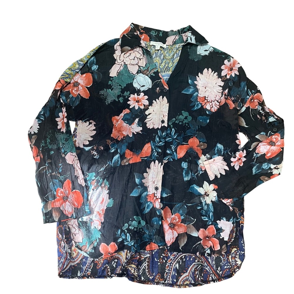 Umgee Floral Paisley Mixed Print Button Down Tunic Shirt XL Black High-Low Boho